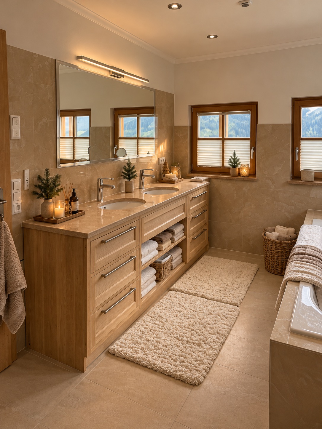 Badezimmer 1 mit einem Doppelwaschtisch aus hellem Holz, großem Spiegel und Fenstern zum Bergpanorama.