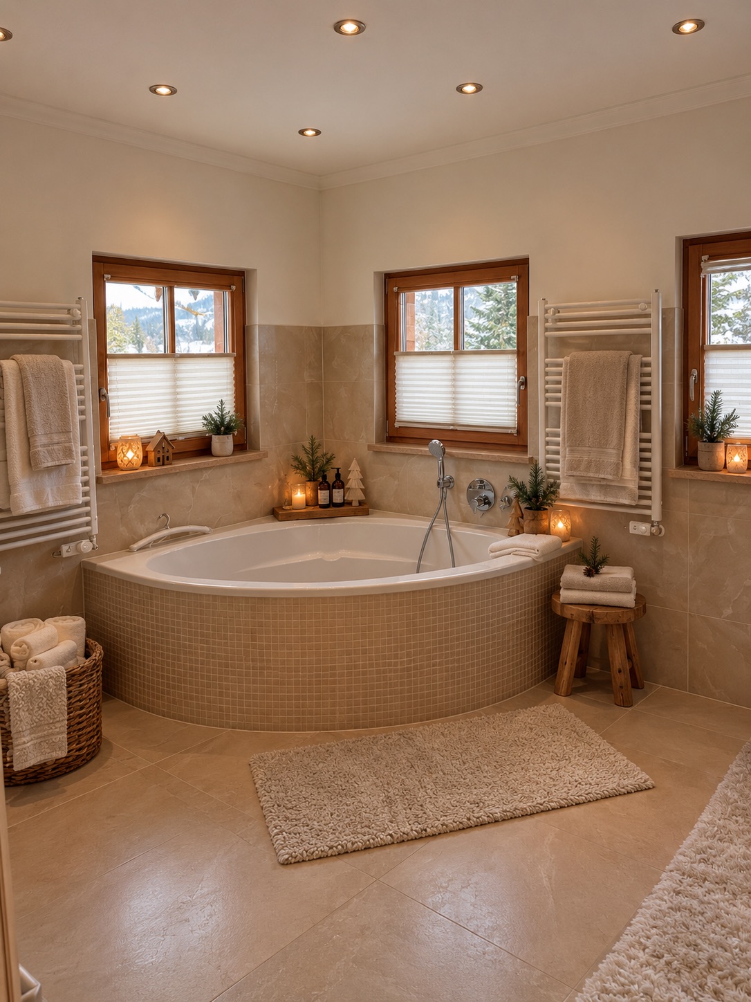 Badezimmer 2 mit einer Eckbadewanne, warmen Beigetönen und Holzfenstern.
