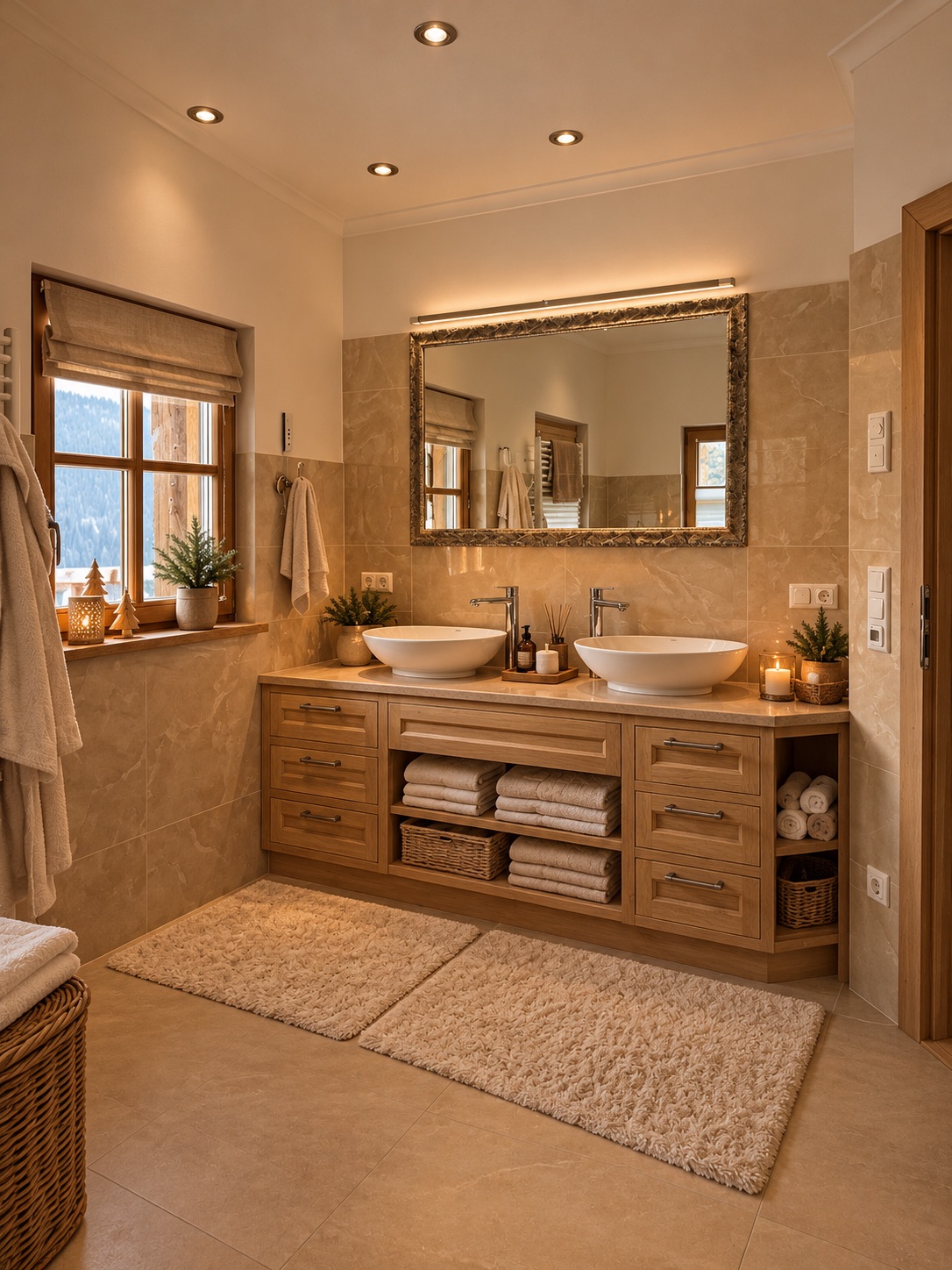 Badezimmer 2 mit zwei weißen Aufsatzwaschbecken auf einem Holzwaschtisch und einem gerahmten Spiegel.
