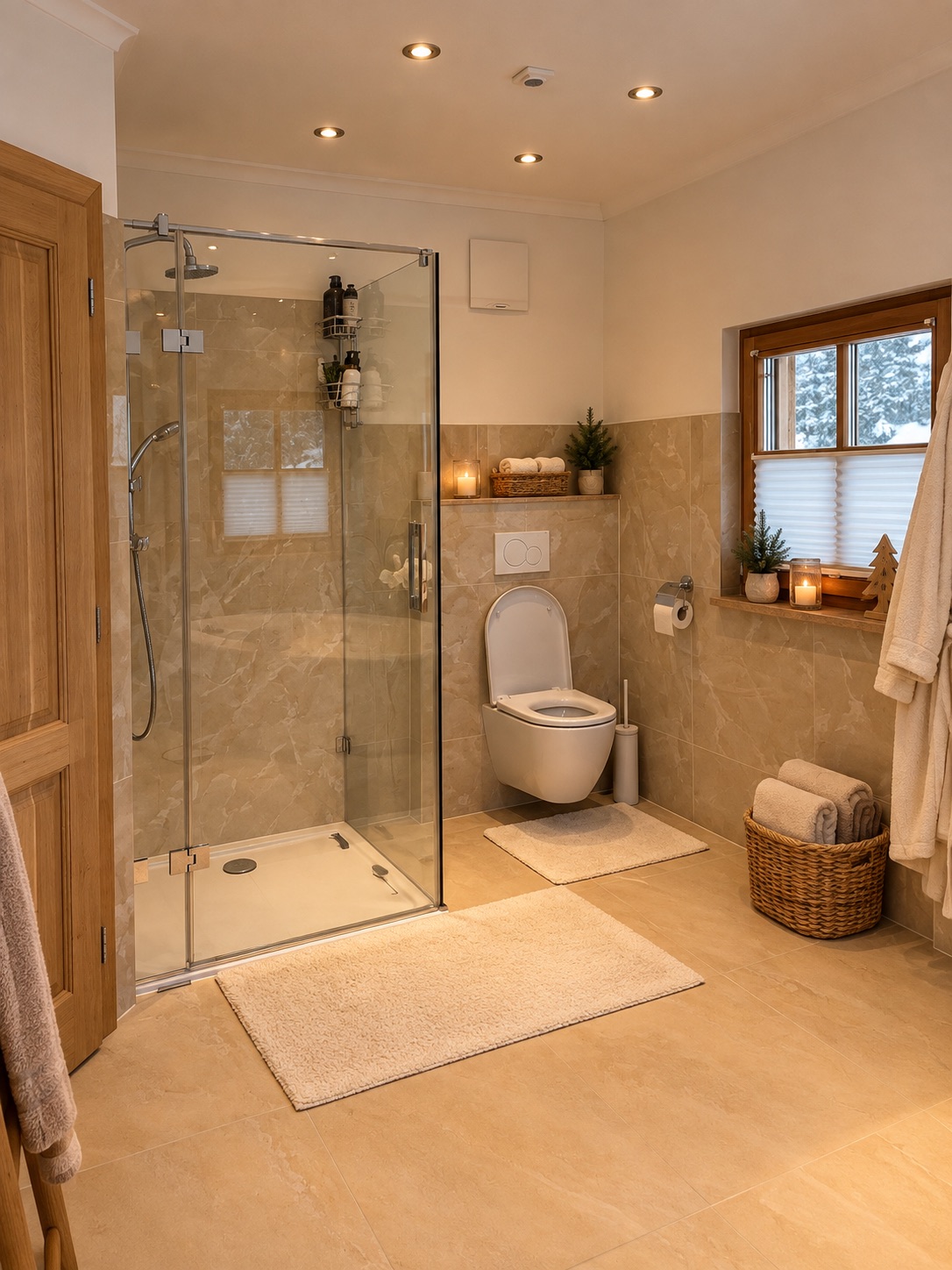 Die Glasdusche und das WC in Badezimmer 2 neben dem Holzfenster.