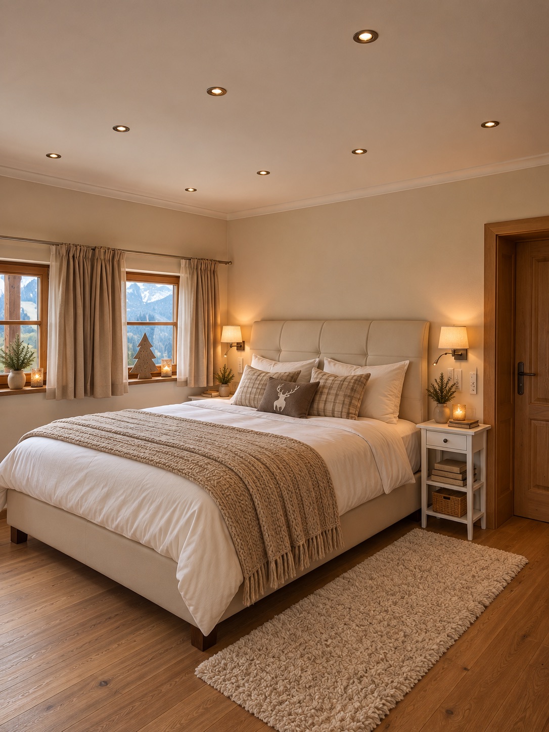 Schlafzimmer 1 mit hellem Doppelbett, weichen Decken und Bergblick durch die Fenster.