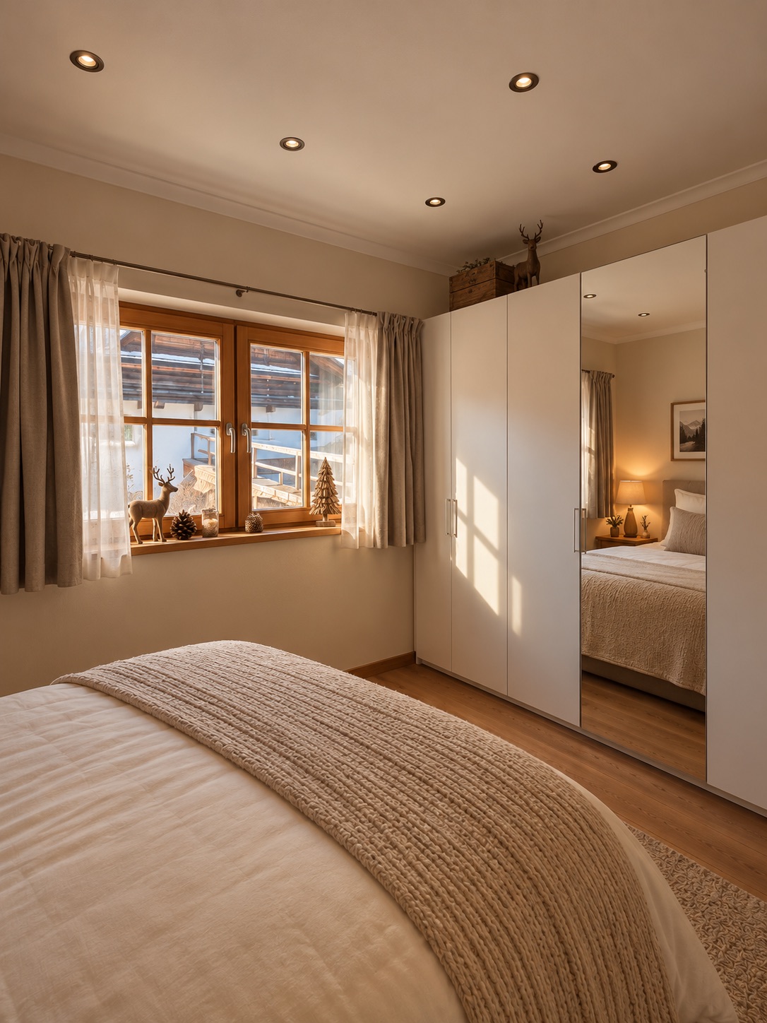 Schlafzimmer 2: Sonnenlicht am Fenster, ein heller Kleiderschrank und eine weiche Strickdecke.