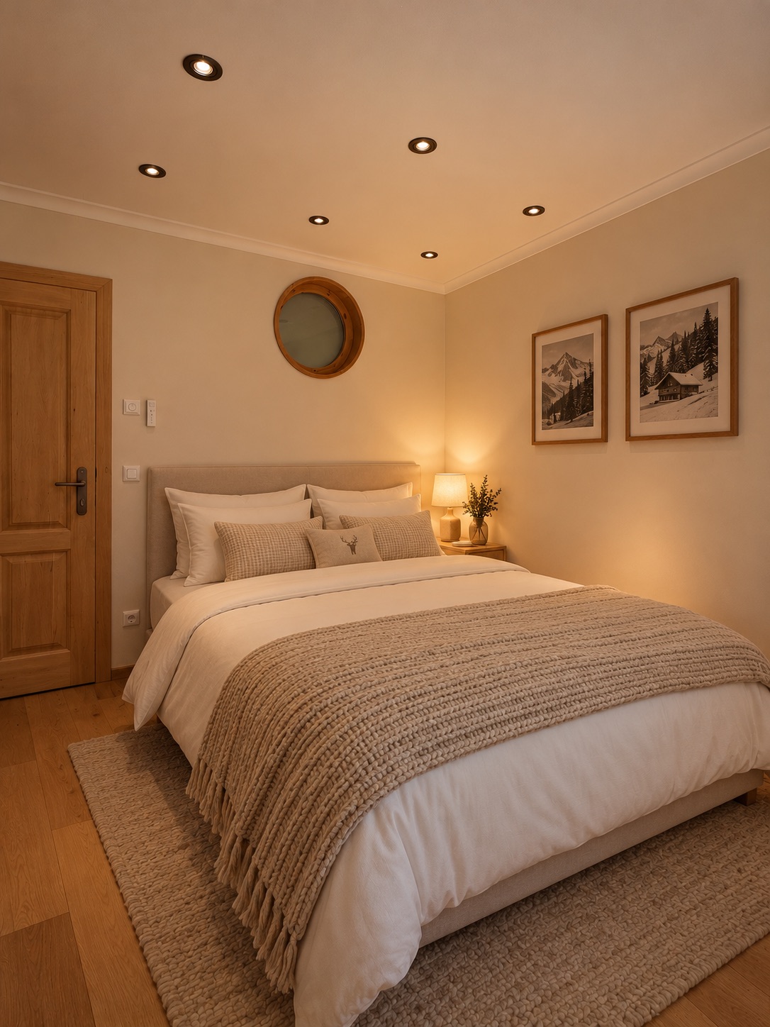 Schlafzimmer 2 aus der zweiten Perspektive: das Doppelbett zwischen Holztür und gerahmten Bergbildern.