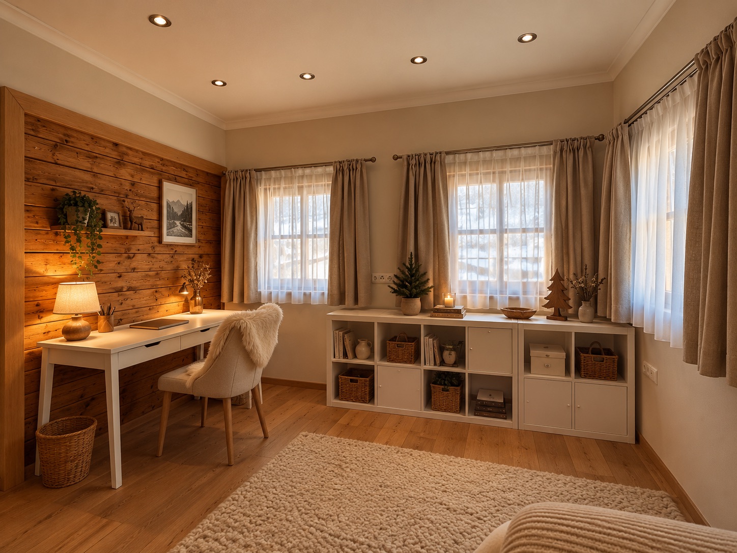 Die zweite Ansicht von Schlafzimmer 3 zeigt den Schreibtisch an der Holzwand und die helle Fensterecke.